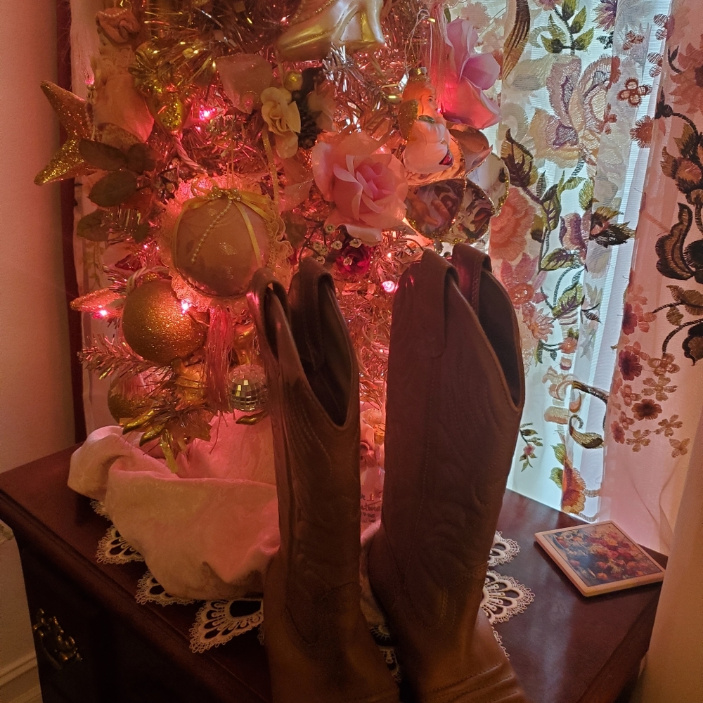 Brown leather western boots.